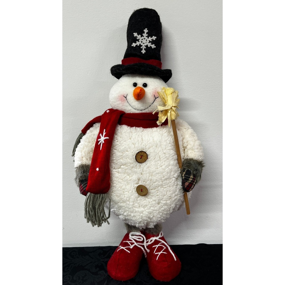 Sherpa Plush Snowman Figurine Christmas Decor Top Hat Standing 20" Vtg Holiday
